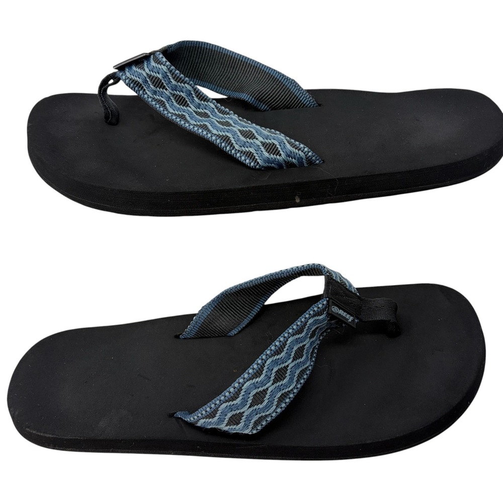 REEF Men's 10 Flip Flops Black Blue Woven Strap Beach Sandals Thongs Surf